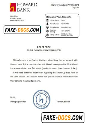 USA Howard Bank bank account reference letter template in Word and PDF format