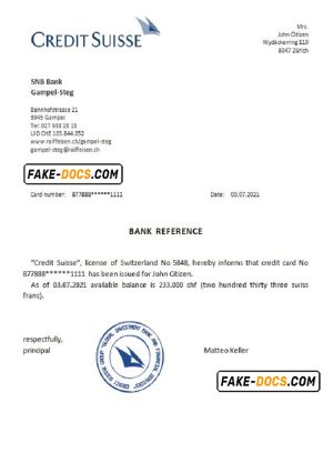 Switzerland Credit Suisse bank reference letter template in Word and PDF format