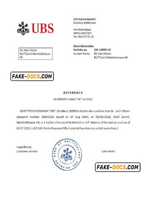Switzerland UBS bank reference letter template in Word and PDF format