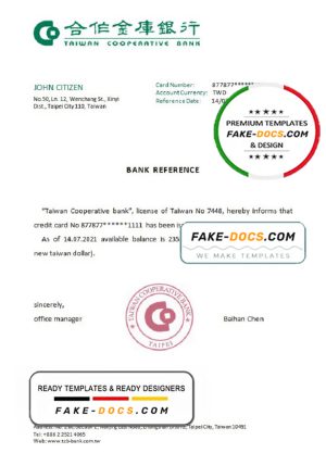 Taiwan Cooperative Bank account reference letter template in Word and PDF format