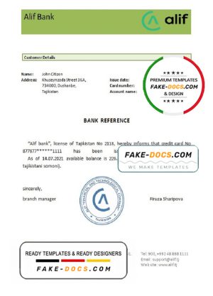 Tajikistan Alif bank reference account reference letter template in Word and PDF format