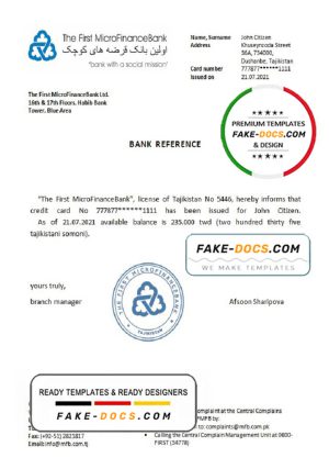 Tajikistan The First MicroFinanceBank reference account reference letter template in Word and PDF format