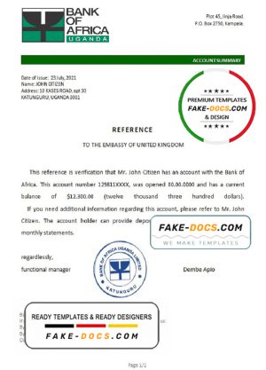 Uganda Bank of Africa account reference letter template in Word and PDF format