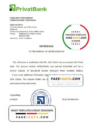 Ukraine Privatbank reference letter template in Word and PDF format