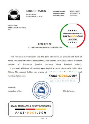 United Kingdom Bank of Aston reference letter template in Word and PDF format