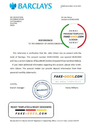United Kingdom Barclays bank reference letter template in Word and PDF format