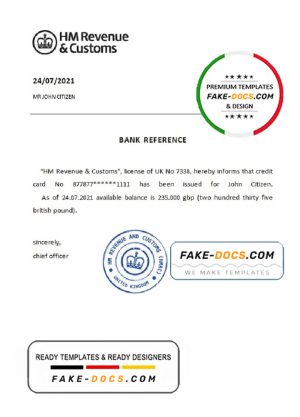 United Kingdom HM Revenue & Customs bank reference letter template in Word and PDF format