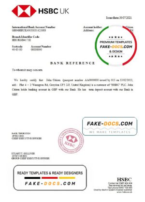 United Kingdom HSBC bank reference letter template in Word and PDF format, version 2