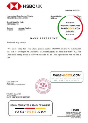 United Kingdom HSBC bank reference letter template in Word and PDF format