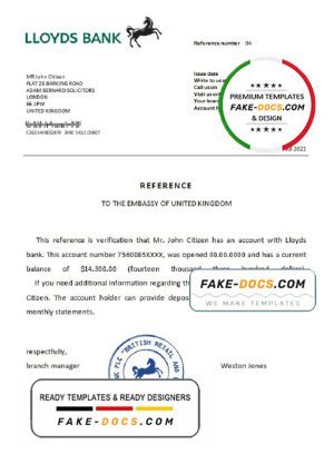 United Kingdom Lloyds bank reference letter template in Word and PDF format