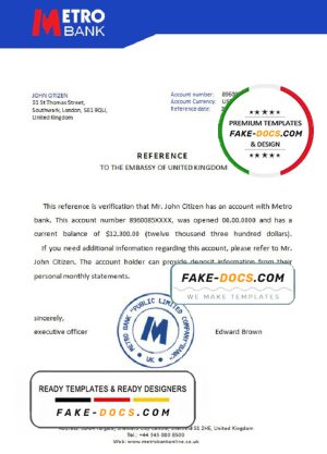 United Kingdom Metro bank reference letter template in Word and PDF format