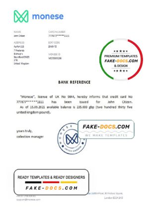 United Kingdom Monese bank account balance reference letter template in Word and PDF format