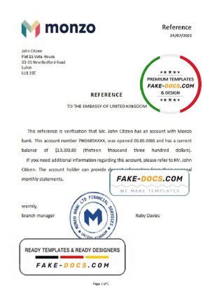 United Kingdom Monzo bank reference letter template in Word and PDF format