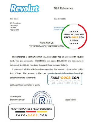 United Kingdom Revolut bank reference letter template in Word and PDF format