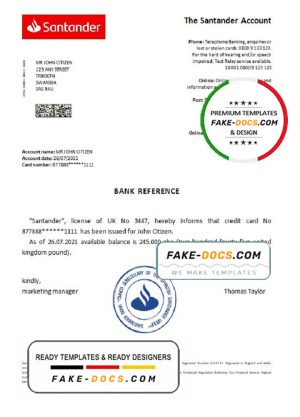 United Kingdom Santander bank reference letter template in Word and PDF format