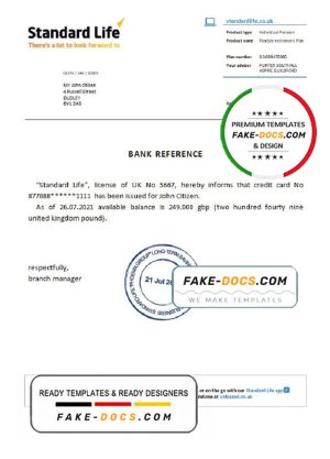 United Kingdom Standard Life bank reference letter template in Word and PDF format