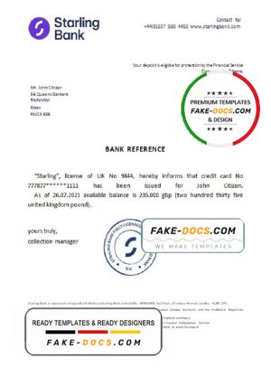 United Kingdom Starling bank reference letter template in Word and PDF format