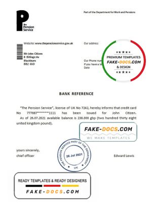 United Kingdom The Pension Service bank reference letter template in Word and PDF format