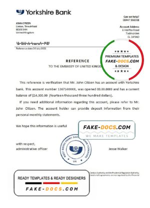 United Kingdom Yorkshire bank reference letter template in Word and PDF format