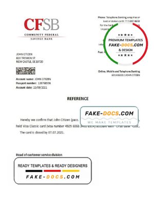 USA CFSB bank account closure reference letter template in Word and PDF format