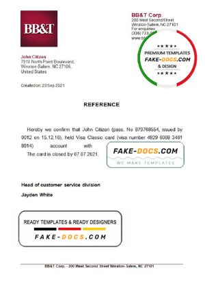 USA BB&T bank account closure reference letter template in Word and PDF format