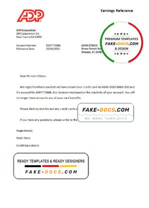 USA ADP bank account closure reference letter template in Word and PDF format