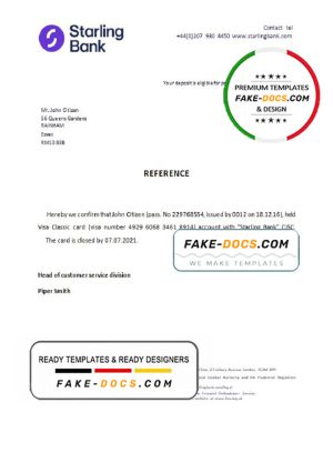 United Kingdom Starling bank account closure reference letter template in Word and PDF format