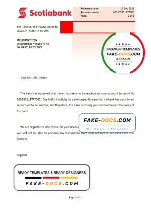 Canada Scotiabank account closure reference letter template in Word and PDF format