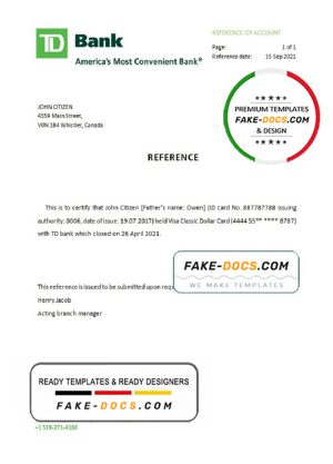 Canada TD Bank account closure reference letter template in Word and PDF format