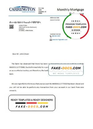 USA Carrington bank account closure reference letter template in Word and PDF format
