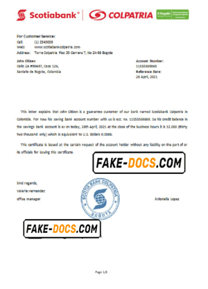 Colombia Scotiabank Colpatria bank account reference letter template in Word and PDF format