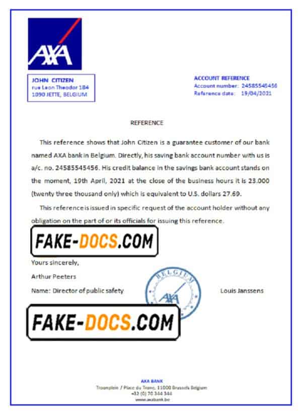Belgium AXA bank account reference letter template in Word and PDF format