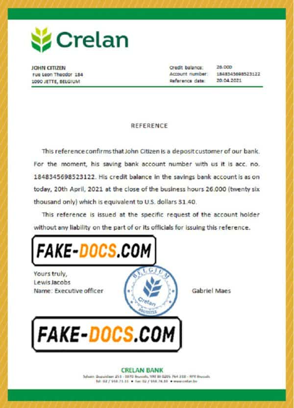 Belgium Crelan bank account reference letter template in Word and PDF format