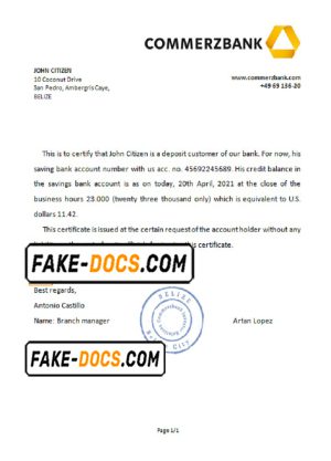 Belize Commerzbank bank reference letter template in Word and PDF format