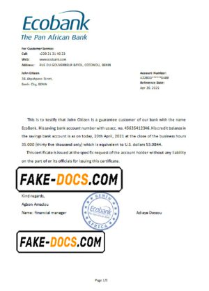 Benin Ecobank bank reference letter template in Word and PDF format