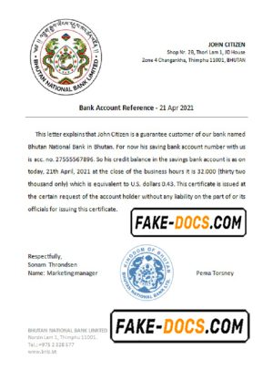 Bhutan National Bank account reference letter template in Word and PDF format