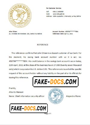 Bolivia Banco Central de Bolivia account reference letter template in Word and PDF format