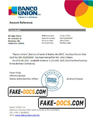 Bolivia Banco Union account reference letter template in Word and PDF format