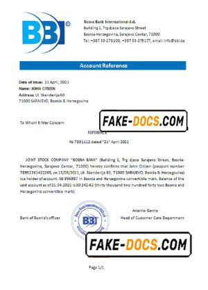 Bosnia and Herzegovina Bosna Bank International bank account reference letter template in Word and PDF format