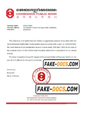 Cambodia Cambodian Public Bank account reference letter template in Word and PDF format