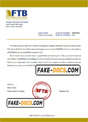 Cambodia Foreign Trade Bank of Cambodia bank account reference letter template in Word and PDF format