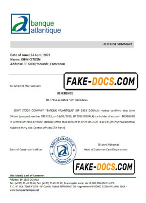 Cameroon The Atlantic bank account reference letter template in Word and PDF format