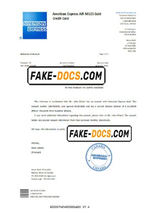 Canada American Express Air Miles bank account reference letter template in Word and PDF format