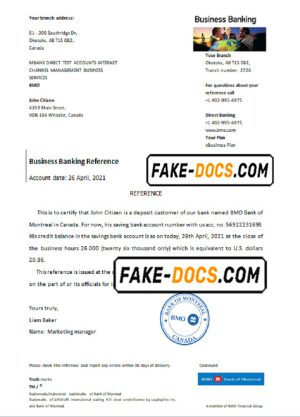 Canada BMO Bank of Montreal Bank account reference letter template in Word and PDF format