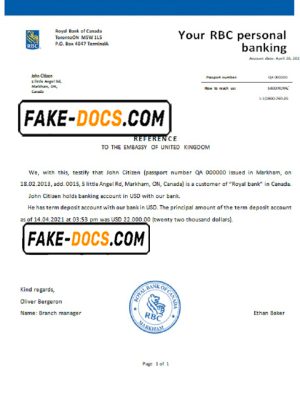 Canada Royal Bank of Canada (RBC) bank account reference letter template in Word and PDF format