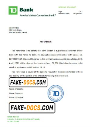 Canada TD Bank account reference letter template in Word and PDF format