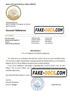 Central African Republic Bank of Central African States (BEAC) bank account reference letter template in Word and PDF format