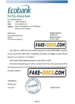 Central African Republic Ecobank bank account reference letter template in Word and PDF format