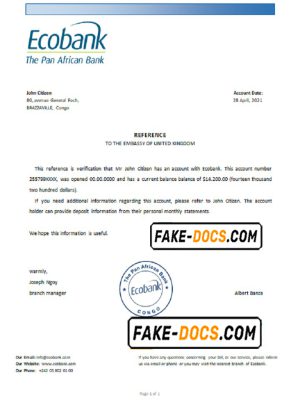 Congo Ecobank bank account reference letter template in Word and PDF format