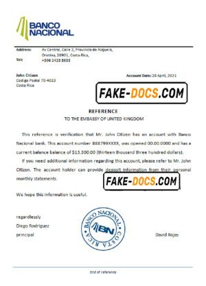 Costa Rica Banco Nacional de Costa Rica bank account reference letter template in Word and PDF format